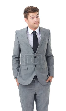 Photo for Studio, portrait and young businessman for confused professional with shrug and decision by white background. Lawyer, doubt and face with confusion in mock up and corporate consultant in law career. - Royalty Free Image
