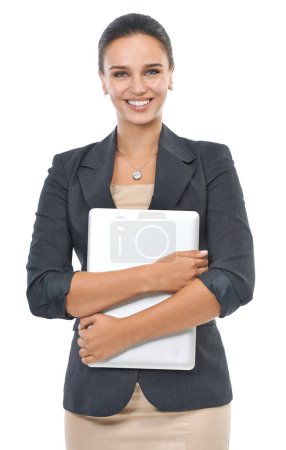 Photo for Happy woman, portrait and laptop of receptionist in business fashion on a white studio background. Female person, admin or secretary with smile and computer in formal clothing for corporate style. - Royalty Free Image