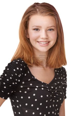 Photo for Basic, portrait, and teenager with smile for fashion, photo and studio with white background. Mock up of happy, confident and gen z young girl with glow for yearbook, graduation or school picture. - Royalty Free Image