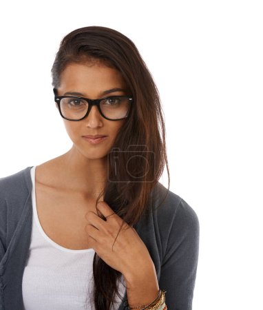 Photo for Woman, portrait and glasses for clear vision as optometry healthcare or studio, mockup space or white background. Female person, model and face with eyewear for prescription frames wellness or India. - Royalty Free Image