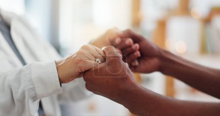 Photo for Holding hands, homecare or empathy by caregiver for senior woman in a house with kindness, comfort or support closeup. Hope, recovery or nurse and old person with understanding, trust or compassion. - Royalty Free Image