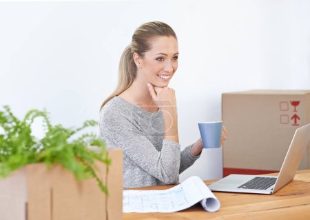 Photo for Business, thinking and woman with a laptop, boxes and smile with morning coffee and startup. Person, employee and entrepreneur with computer or ecommerce with courier or ideas with decision or choice. - Royalty Free Image