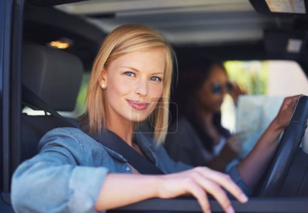 Photo for Woman, friends and map in car for road trip with happy direction, guide or information of location on a travel journey. Portrait of a driver or friends with safety, transport and ready for vacation. - Royalty Free Image