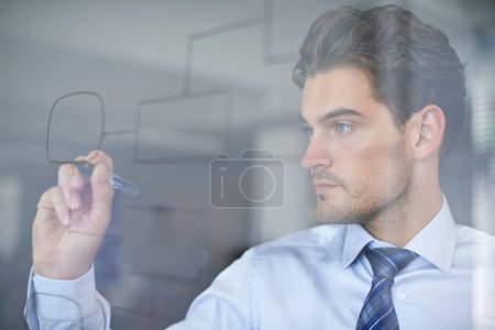 Photo for Professional man, mindmap and planning on glass wall for brainstorming, strategy and idea in office. Thinking, vision and businessman with drawing for analysis, innovation or problem solving. - Royalty Free Image