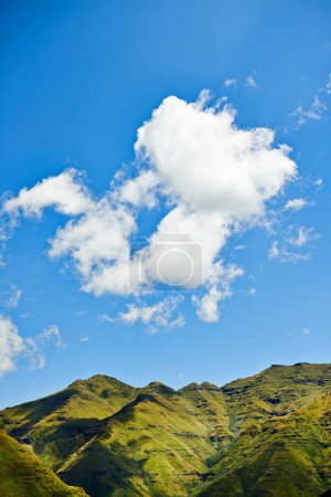 Photo for Sky, clouds and mountains for landscape background, environment and eco friendly nature in Europe. Aerial view of countryside, hill and river for green land, sustainability or summer weather in italy. - Royalty Free Image