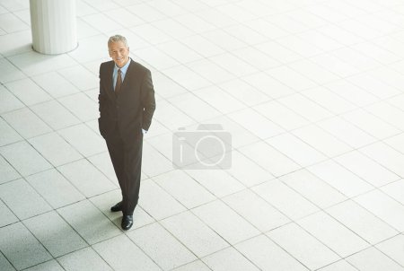 Photo for Executive, portrait and smile in office building with confidence for finance of business idea. Employee, happy and professional in suit at workplace, staff and proud of company and high angle. - Royalty Free Image