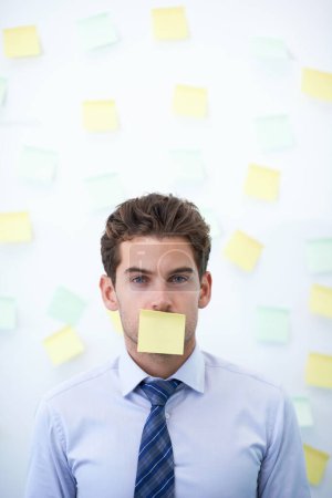 Photo for Businessman, portrait and sticky note for plan, office and professional workspace. Male person, company and confident for secret, startup and entrepreneur for career and brainstorming expert. - Royalty Free Image