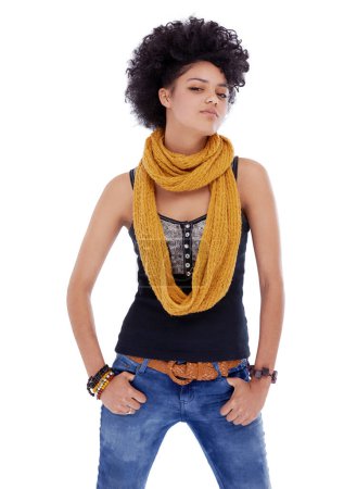 Photo for Woman, hipster and scarf in studio portrait with confidence, trendy style and jeans by white background. Girl, person and fashion model with pride for clothes in retro outfit with afro in Brazil. - Royalty Free Image