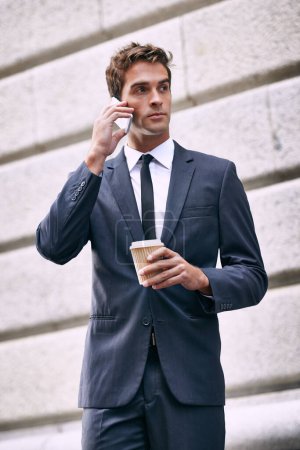 Photo for Phone call, coffee and business man in city for corporate, communication and contact. Networking, technology and conversation with male employee in outdoors for feedback, planning and chat. - Royalty Free Image