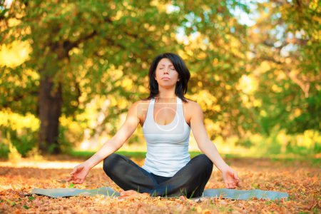 Téléchargez les photos : Femme, méditation et nature pour le yoga en plein air pour le bien-être et la tranquillité d'esprit, la forêt et la forme physique. Les gens, calme et respirer avec calme de chakra pour l'énergie, l'équilibre et assis pour le flux de facilité. - en image libre de droit