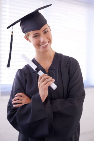 Photo for Graduate, diploma and portrait of happy woman with confidence at university. Face, certificate and student with arms crossed for graduation, education and achievement of success at college in Canada. - Royalty Free Image