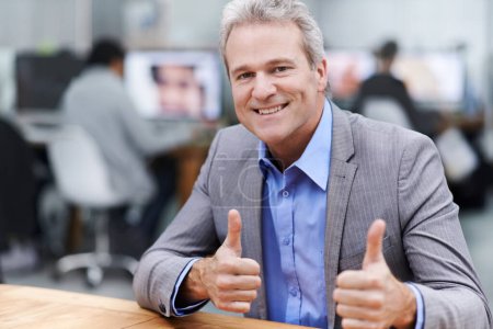 Photo for Smile, thumbs up and portrait of business man in office for success, yes and agreement. Happy, manager and pride with mature employee in agency startup for professional, achievement and approval. - Royalty Free Image