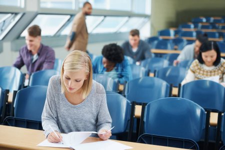 Photo for Writing, university and woman student in classroom studying for test, exam or assignment. Education, scholarship and female person working on project with knowledge in lecture hall for learning - Royalty Free Image