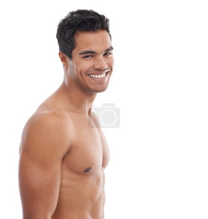 Photo for Body, skincare or portrait of fitness man in studio for wellness, treatment or glowing skin on white background space. Face, mockup or model with beauty, care and dermatology or result satisfaction. - Royalty Free Image