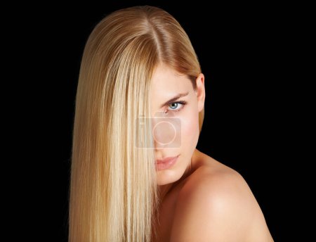 Photo for Beauty, hair and portrait of woman with keratin, salon care and straight hairstyle isolated in dark studio. Styling, treatment and face of blonde girl with healthy haircare shine on black background - Royalty Free Image