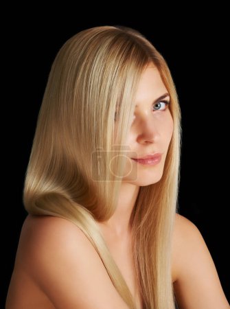 Photo for Beauty, hair and portrait of woman with blonde hairstyle, salon care and keratin treatment isolated in dark studio. Styling, glow and face of girl with healthy haircare shine on black background - Royalty Free Image