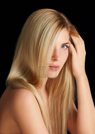 Photo for Beauty, hair and portrait of woman with straight hairstyle, salon care and keratin isolated in dark studio. Styling, treatment and face of blonde girl with healthy haircare shine on black background - Royalty Free Image