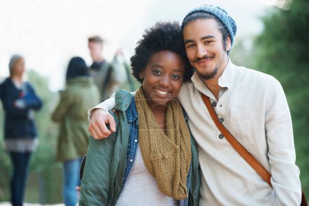 Photo for Students, university and portrait of interracial couple of friends on campus with hug and an embrace together outdoor. College, school education and diversity with a happy smile ready for class. - Royalty Free Image