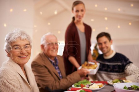Téléchargez les photos : Grand-mère, portrait et famille au dîner de Noël, avec nourriture et célébration à la maison. Heureux, événement et les gens sourient avec le déjeuner, plat et se détendre pendant les vacances à table avec les grands-parents. - en image libre de droit