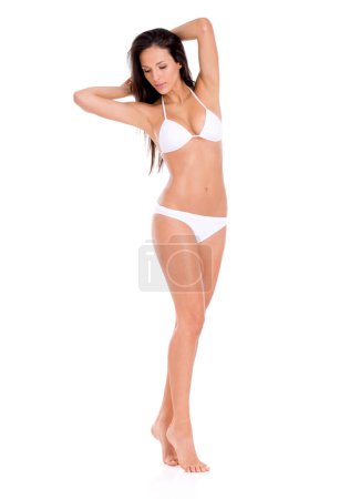 Photo for Thinking, lingerie and woman with fitness, body and person isolated on a white studio background. Model, mockup space and girl in underwear, skincare and aesthetic with workout, healthy and wellness. - Royalty Free Image