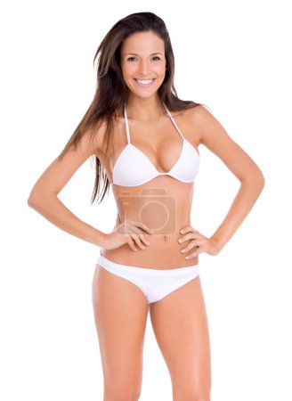 Photo for Confident, woman and portrait in bikini on studio, white background and mock up with fashion. Swimwear, model and girl in underwear with pride for summer, vacation or style for holiday with happiness. - Royalty Free Image
