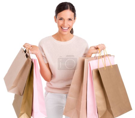 Photo for Woman, portrait and shopping bags for retail sale or customer discount, promotion or excited. Female person, face and boutique product in studio on white background for purchase, gift or mockup space. - Royalty Free Image