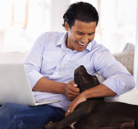 Photo for Man, dog and smile with laptop on sofa for bonding, playing or happiness with remote work in home. Animal, person and cuddle with face on couch in living room for research, comfort and love for puppy. - Royalty Free Image