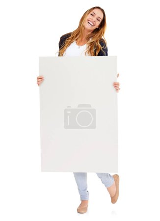 Photo for Studio, blank board and portrait of happy woman with deal info, promo or news on mockup. Signage, offer and excited girl with announcement, presentation and space on poster with white background - Royalty Free Image