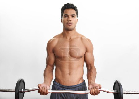Photo for Man lifting barbell, portrait and fitness in gym, strength training and endurance with bodybuilding. Exercise, mockup space and person with equipment, power and workout in a wellness center or muscle. - Royalty Free Image