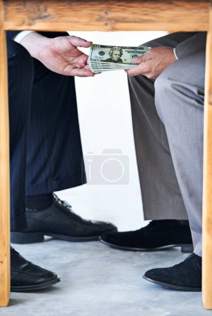 Photo for Business people, hands and money with table for bribery and corruption in company with money laundering. Illegal professional deal, meeting with cash or payment for crime, scam and fraud in finance. - Royalty Free Image