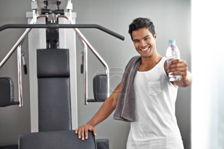 Photo for Happy, portrait and man at gym with water bottle for recovery after exercise for body building. Healthy, fitness and person relax after workout with hydration for benefits to wellness in Mexico. - Royalty Free Image