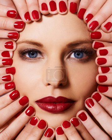 Photo for Beauty, makeup and portrait of woman with manicure, glamour and lipstick with creative aesthetic. Luxury cosmetics, face and hands with red nail polish for self care, shine and model with facial. - Royalty Free Image