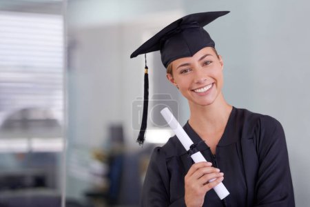 Photo for Graduate, certificate and portrait of happy woman at university for scholarship in Canada. Face, graduation or smile of student with diploma for education, achievement or success at college in school. - Royalty Free Image