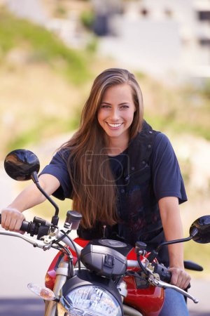 Photo for Portrait, journey and outdoor with woman, motorbike and extreme sports with helmet and safety. Face, person and girl with transport or travel with adventure and rider with freedom joyful or road trip. - Royalty Free Image