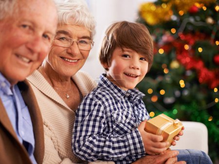 Photo for Grandparents, child and Christmas gift as portrait for festive season celebration for tradition, presents or bonding. Elderly couple, boy and present box in home in Canada for vacation, love or happy. - Royalty Free Image