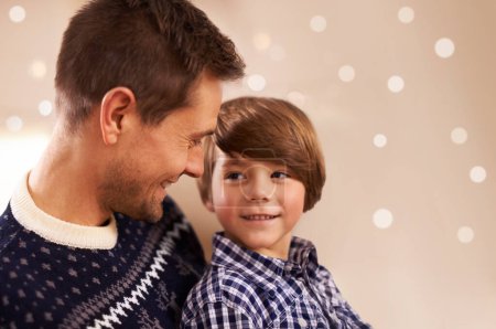 Photo for Christmas, father and happy child in home with bokeh, bonding and family having fun together at festive celebration. Xmas, smile and kid with dad on holiday for love, care and connection at party. - Royalty Free Image