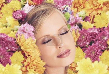 Photo for Woman, face and flowers with makeup for beauty, creativity and wellness with spring aesthetic and floral art. Model, organic cosmetics and carnation plants for facial glow, skincare and flowerbed. - Royalty Free Image