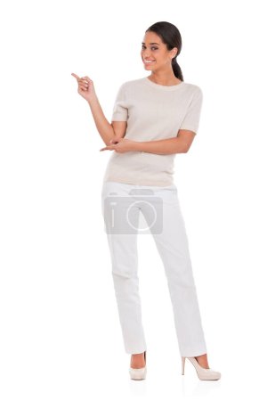 Photo for Portrait, happy woman and hand pointing to mockup in studio for announcement, presentation or info on white background. Face, smile and female model show space for steps, menu or giveaway guide promo. - Royalty Free Image