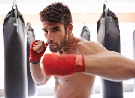Photo for Male boxer, gym and portrait for fitness, exercise and wellness in strong training for confidence to fight. Man, sport and boxing athlete in workout, challenge and shirtless ready to punch for mma. - Royalty Free Image
