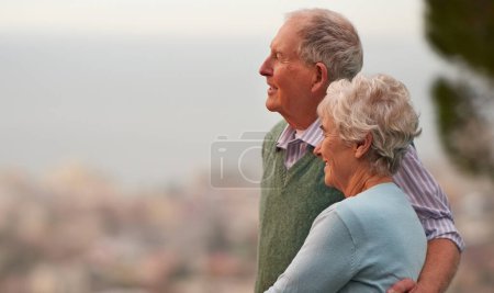 Photo for Love, anniversary and senior couple on balcony of home together with view of nature for romantic getaway. Smile, marriage or bonding with happy elderly man and woman outdoor on holiday or vacation. - Royalty Free Image