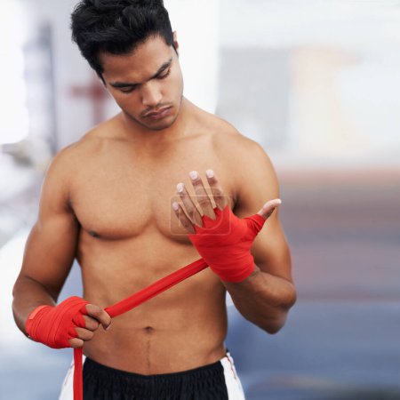 Photo for Wrap, man and boxer hands for sports, competition and fitness in fight practice. Training mma person, workout and exercise as activity for hobby, professional and wellness for health and energy. - Royalty Free Image