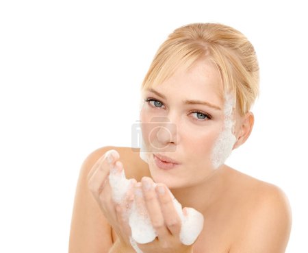 Photo for Woman, portrait and foam on face for skincare with cleanser, cosmetics and soap for clear skin. Female person, white background and fresh for beauty, hygiene and treatment for wellness and self care. - Royalty Free Image