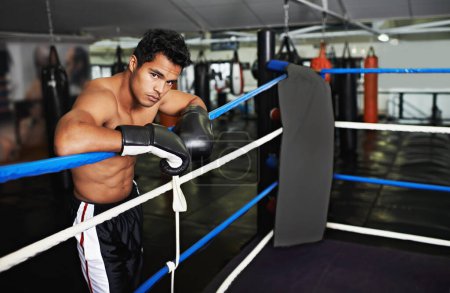 Photo for Fitness, portrait and man boxer in gym for exercise, workout and combat training for competition. Cardio, health and shirtless male athlete fighter in boxing ring with gloves in sports center - Royalty Free Image