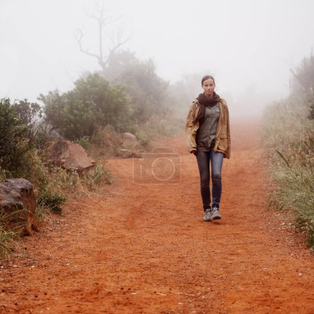 Photo for Winter, hiking and woman walking in nature for travel, wellness or morning break outdoor. Path, trekking and calm female person in a forest for fresh air, holiday or adventure, journey or discovery. - Royalty Free Image