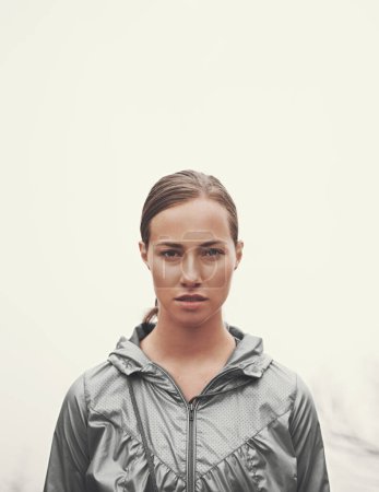 Photo for Woman, portrait and fitness in nature with fog for hiking, exercise or workout outdoor with confidence. Athlete, person and face with mockup space for running, training or sportswear for healthy body. - Royalty Free Image
