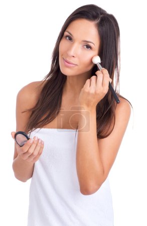Photo for Makeup, brush and woman with portrait, cosmetics and beauty with morning routine in a studio. Skincare, smile and shower towel with product ready to start day with dermatology and white background. - Royalty Free Image