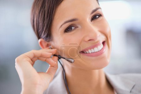 Photo for Businesswoman, customer service and smile in portrait with for communication, call center and tech support in office. Woman, face and happy with headset for consulting, telemarketing or help. - Royalty Free Image