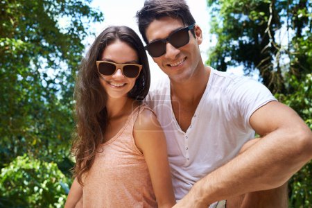 Photo for Happy, nature and portrait of couple in park for bonding, relationship and relax outdoors together. Love, dating and man and woman hiking on holiday, vacation and weekend for travel, wellness and fun. - Royalty Free Image