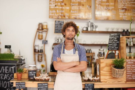 Photo for Portrait, welcome and man with confidence in cafe for service with happy small business owner. Local coffee shop, restaurant or bistro manager with smile, hospitality or entrepreneur at startup deli - Royalty Free Image