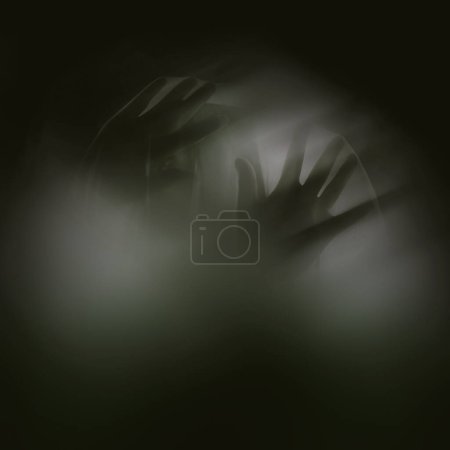 Photo for Ghost, sheet and hand for scary horror or late night in dark with or halloween or paranormal silhouette, black background or creepy. Apparition, shadow and evil or supernatural mockup, escape or fear. - Royalty Free Image